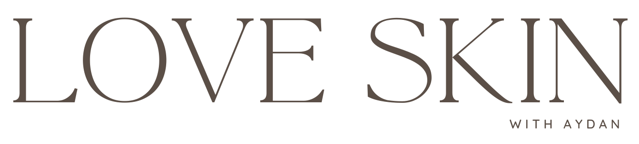 The text "LOVE SKIN WITH AYDAN" appears in large, thin, capital letters on a light background.